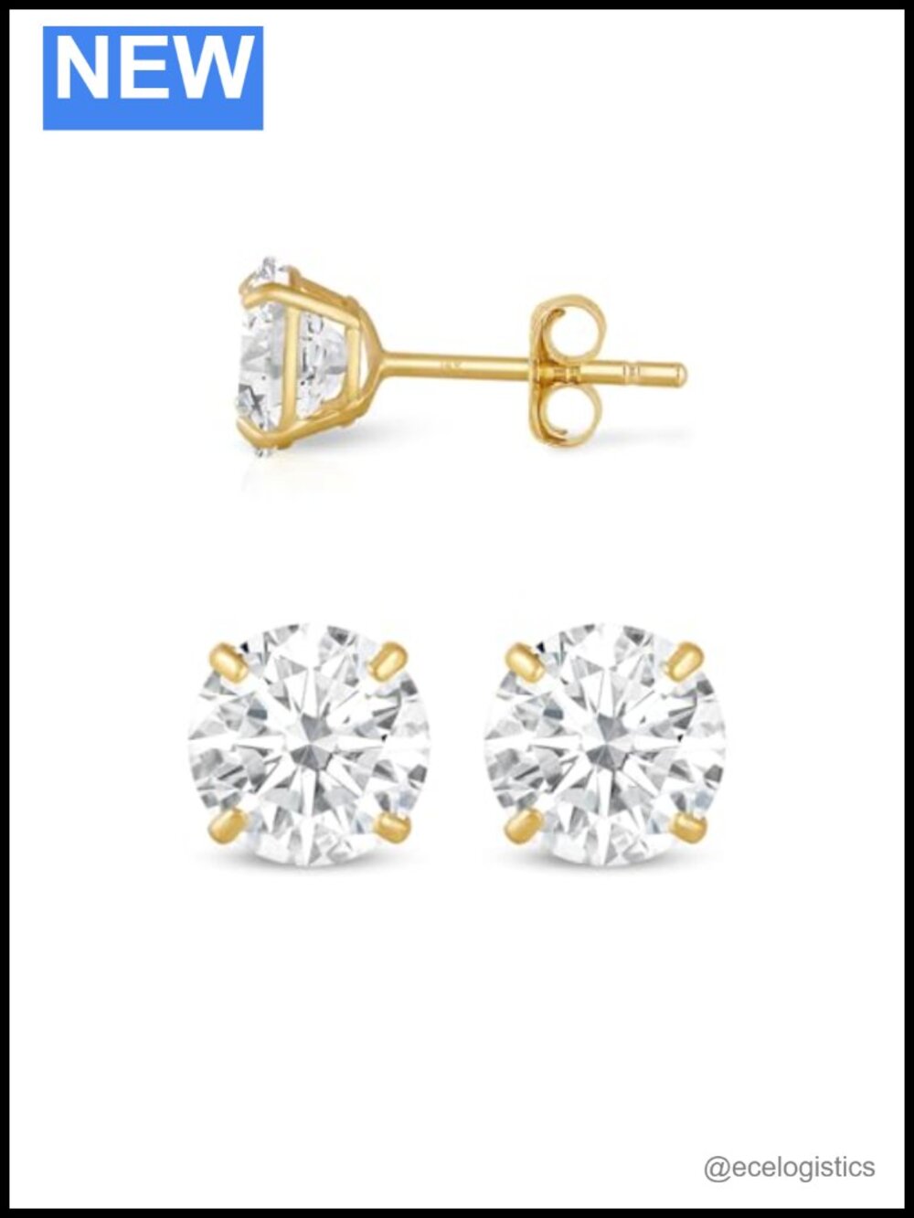 14K Solid Yellow Gold Cubic Zirconia Stud Earrings 6mm Round Solitaire Push Back